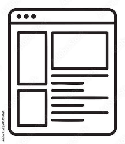 Black outline vector icon of a simple web page layout with one large and two smaller rectangular sections. minimal linear design for website and interface concepts.