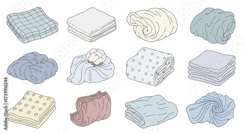 Colorful set of folded blankets and cloths illustration.