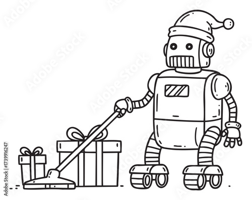 Black and outline of a whimsical robot with a winter hat, vacuuming near wrapped gifts with ribbon bows.