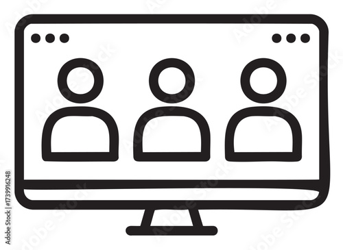 Black outline icon of three abstract human figures on a computer screen, representing a video conference or online meeting.