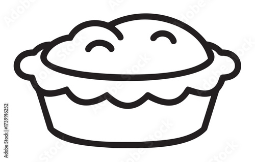 Black outline vector icon of a simple, smiling pie with a wavy crust top, perfect for dessert, bakery, and cooking themes.