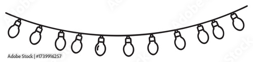 Black outline of a simple string of curved hanging lights with pointed bulbs arranged in a gentle arc pattern.