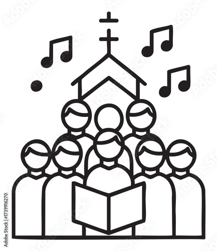 Black outline icon depicting a choir of seven people singing in front of a church building with musical notes above.