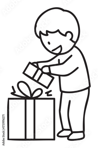 Black outline illustration of a young caucasian child excitedly unwrapping a large gift box with a ribbon bow on top.