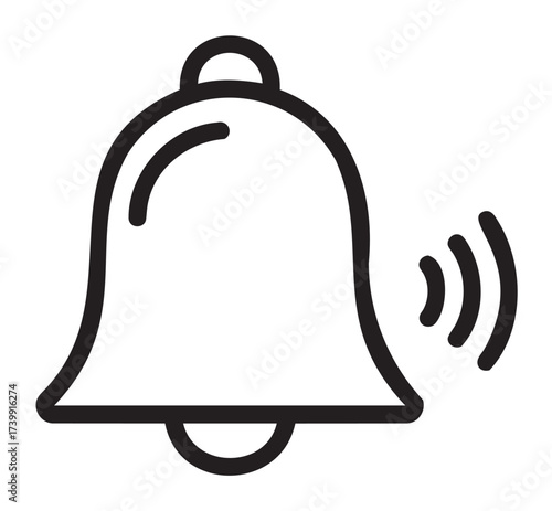 Simple black outline icon of a bell with sound waves, representing notification alerts and alarms in digital applications.
