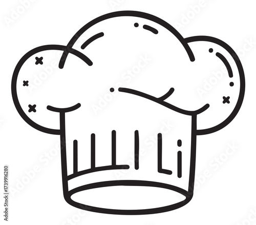 Black outline drawing of a traditional chef's hat with a rounded top and vertical lines on the headband, suggesting culinary expertise and professionalism.
