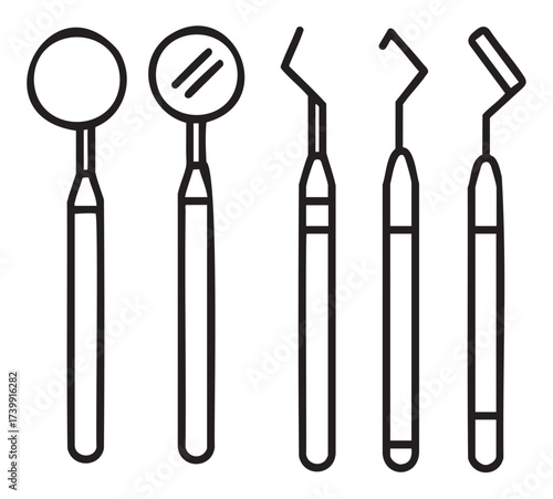 Black outline of five dental tools with different functional ends for oral examination and treatment, including mirrors and picks.