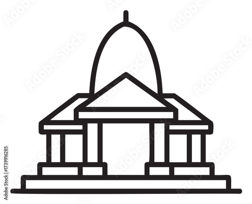 Black outline icon of a classical temple with columns and a dome, illustrating architectural symmetry and grandeur.