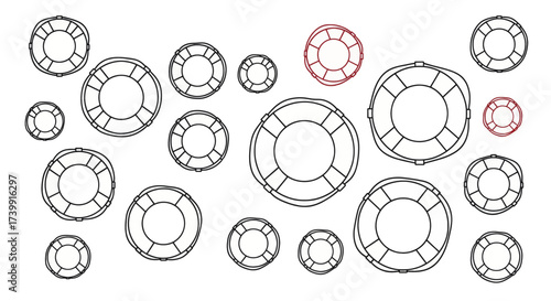 Collection of illustrated lifebuoy safety rings in a scattered pattern.