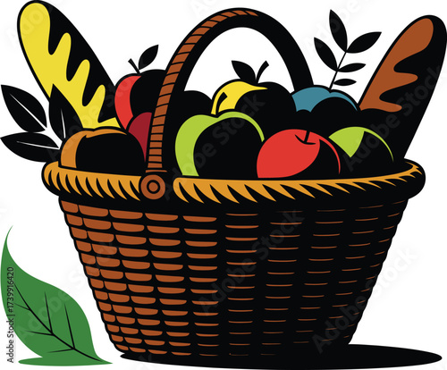 Vector Illustration of a Harvest Basket Full of Apples and Baguettes