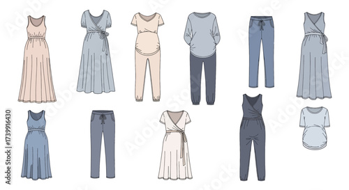 Set of various maternity clothes for pregnant women vector illustration.