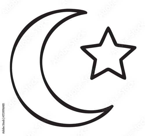 Black outline icon of a crescent moon and star. simple linear design for celestial, night, and astronomy concepts.