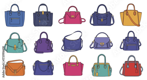 Collection of Colorful Womens Handbags and Purses.