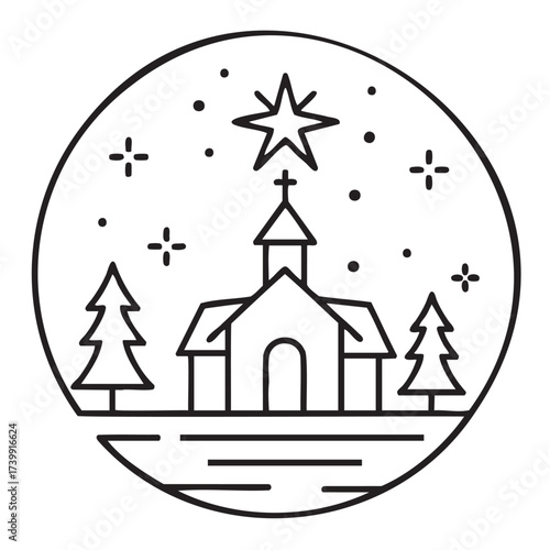 Black outline drawing of a small chapel with a cross, trees, and a starry night sky in a circular frame.