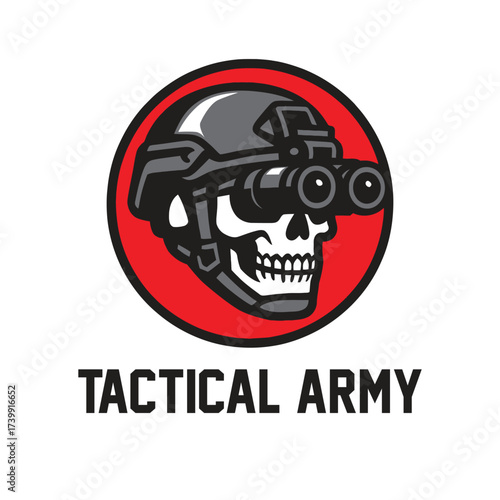 vector logo illustration of tactical skull wearing a modern military helmet with night vision goggles, placed inside a bold red circle background