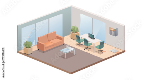 Isometric view of a modern office space with sofa, desk, chairs, and plants in a well lit environment