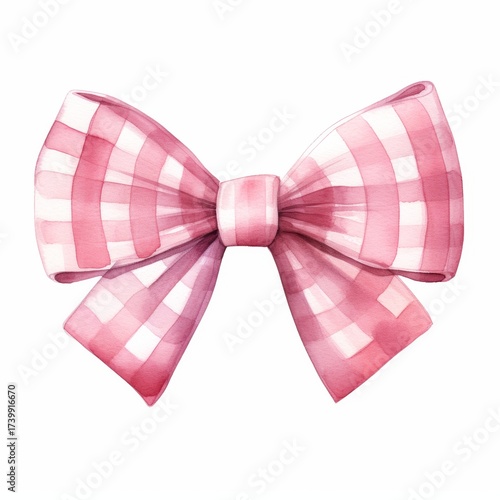 Soft pink checkered ribbon bow rendered in watercolor with delicate patterns and gentle hues