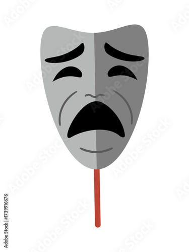 Gray tragedy mask with crying expression on stick. Theater concept and theatrical performance. Drama and sad emotion symbol graphic.
