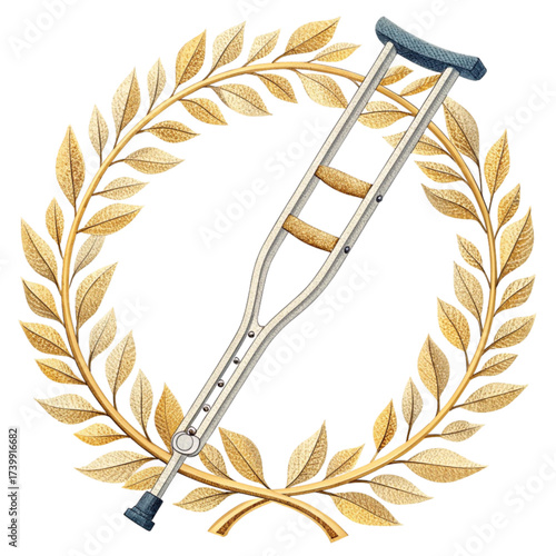 Triumph over adversity illustration: Crutches framed by golden laurel wreath, symbolizing strength, resilience, and recovery from injury or illness