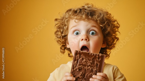 Young Overweight Child Featuring Curly Hair and Excited Wide Eyes with Joyful Expression