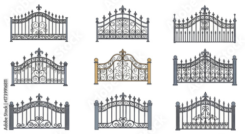 Set of decorative forged iron fences and gates isolated on a white background.