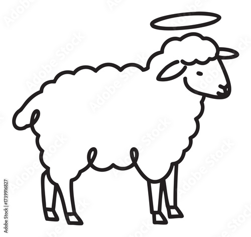 Black outline drawing of a cartoon sheep with fluffy wool and a halo above its head, evoking innocence and purity.