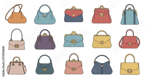 Set of colorful womens handbags and purses vector illustration.