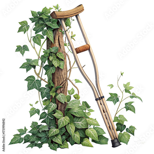 Healing journey unfolds with crutches intertwined with nature, symbolizing resilience, recovery, and growth after illness or injury. A symbol of hope.