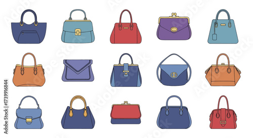 Set of colorful womens handbags and purses Fashion accessories collection isolated on a white background.