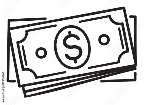 Black outline vector icon of stacked dollar bills with a prominent dollar sign in the center. minimal design for finance and money concepts.