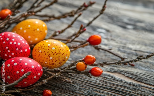 Colorful Easter Eggs in Red and Orange Nestled Among Willow Branches on Rustic Wooden Background