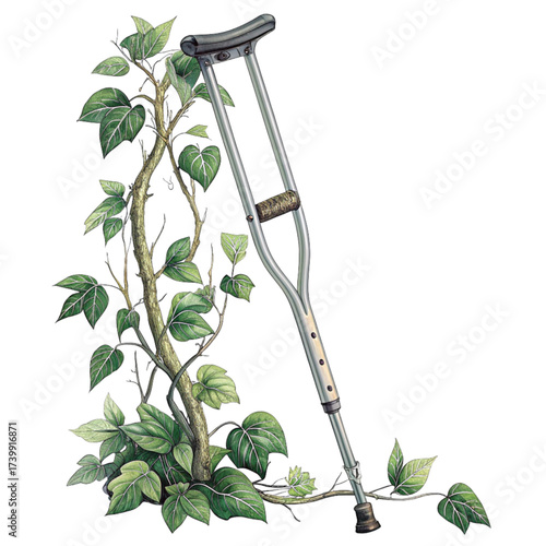Healing journey concept art featuring crutch intertwined with vibrant ivy vine, symbolizing resilience and recovery after injury or surgery, hope for a new life