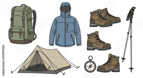 Collection of hiking and camping equipment for outdoor adventure.