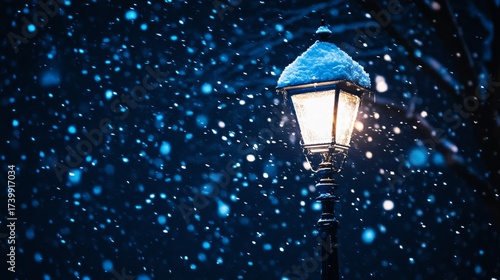 Snowflakes Falling Gently Under Glowing Street Lamp on Dark Winter Night