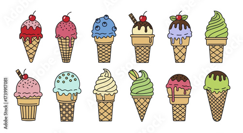 Set of colorful cartoon ice cream cones and scoops.