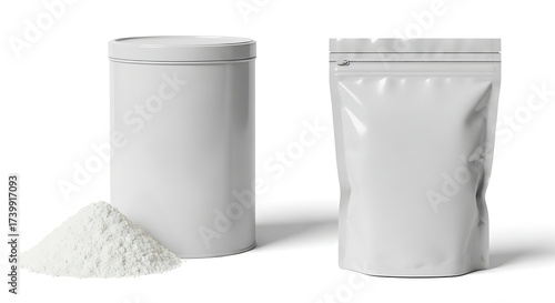 Versatile White Product Packaging Mockup - Canister and Stand-Up Pouch with a sample of nutritional powder on a clean background.
