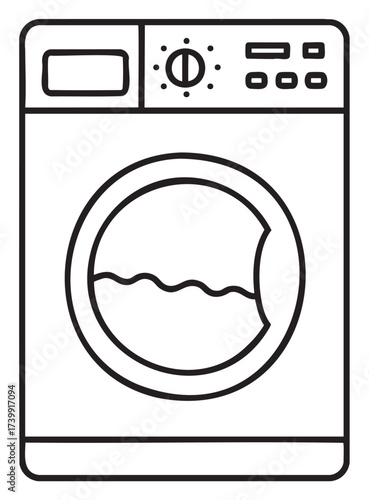 Black outline illustration of a front-loading washing machine with a circular door and control panel on top.