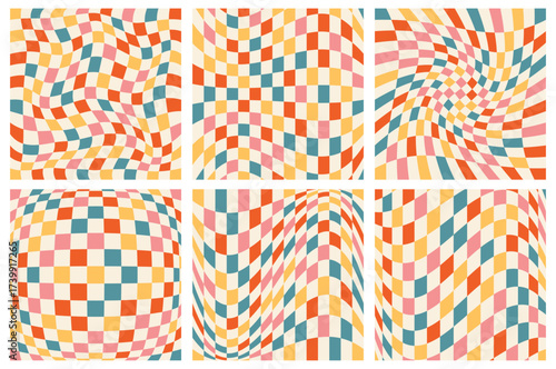 Six of colored wavy checkerboard in retro groovy style. Twisted, warped square background, checkered pattern with distorted effect. Psychedeliс geometric backdrop Y2k. Vector optical illusion EPS10