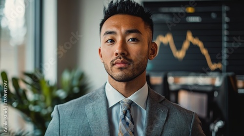 Professional Businessman Standing in Formal Suit Against Financial Stock Chart Background