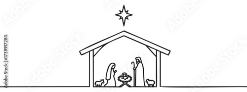Simple black outline of a nativity scene with mary, joseph, baby jesus in a manger, and the star of bethlehem above the stable.