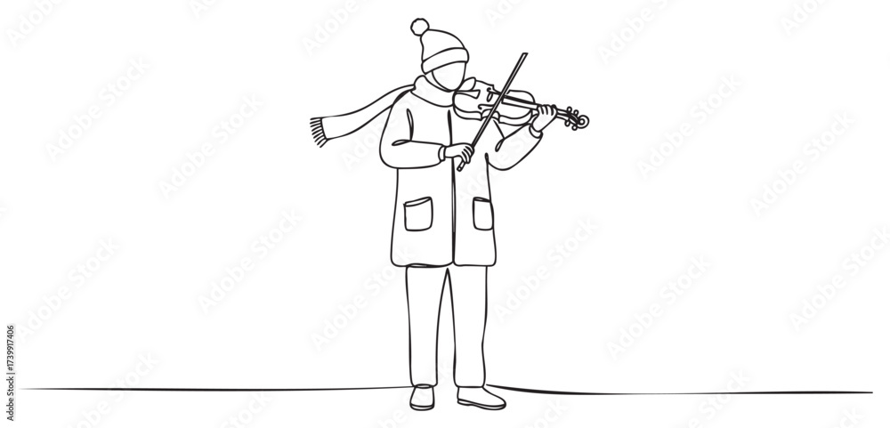 Obraz premium Simple black outline of an adult male playing the violin, wearing a beanie, scarf, and coat, embodying a minimal and artistic design.