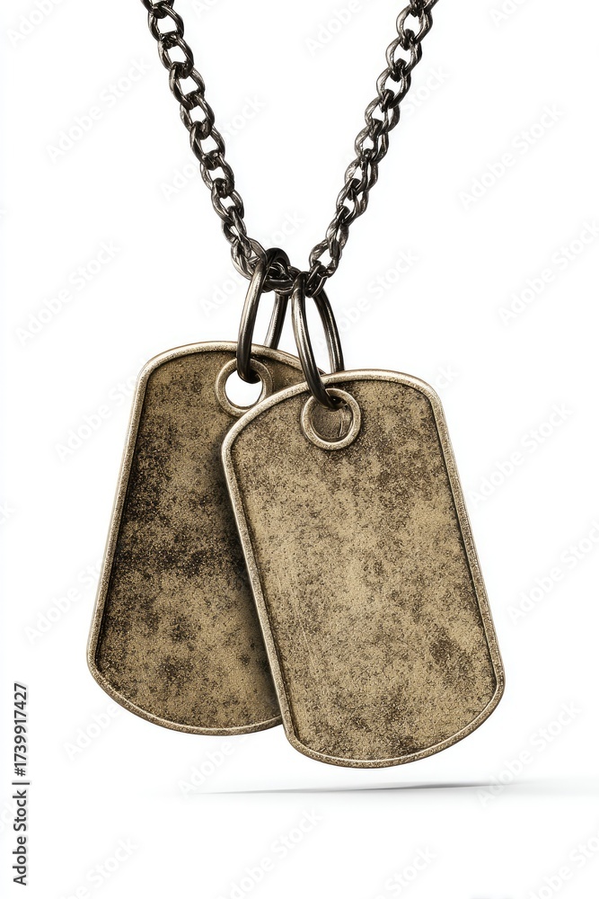 Fototapeta premium Two rectangular pendants, vintage and worn, hang from a dark chain against a white backdrop