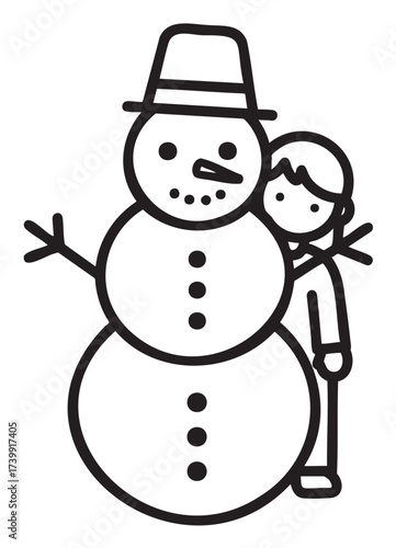 Black outline drawing of a smiling snowman with buttons and a hat, accompanied by a child peeking from behind, conveying a playful winter scene.