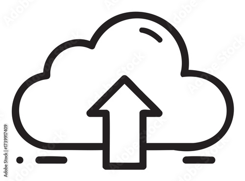 Black outline icon of a cloud with an upward pointing arrow symbolizing data upload or cloud computing services.