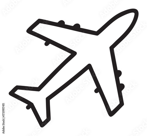 Simple black outline vector icon of an airplane, illustrating basic aircraft design for travel and aviation themes.