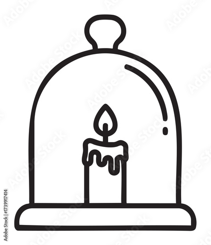 Simple black outline vector icon of a candle inside a glass cloche dome, depicting warmth and elegance.