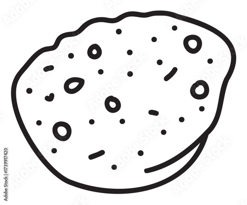 Black outline vector icon of a simple, round chocolate chip cookie with scattered chips and a textured surface.