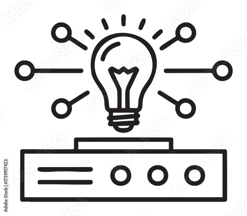 Simple black outline vector icon of a lightbulb with surrounding lines symbolizing ideas and innovation for creativity and inspiration concepts.