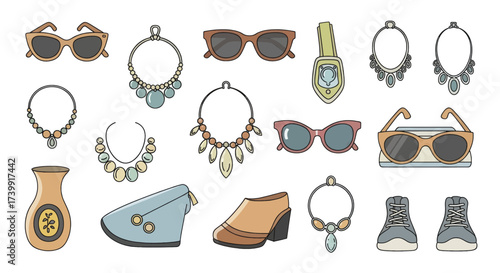 Set of colorful womens fashion accessories vector illustrations.
