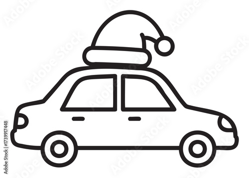 Black outline drawing of a small car with a large santa hat on the roof, conveying a festive holiday theme.